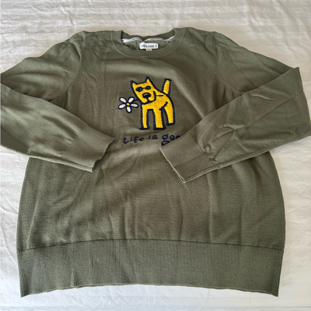 Life Is Good Women’s Green Crewneck Sweater with Dog Design